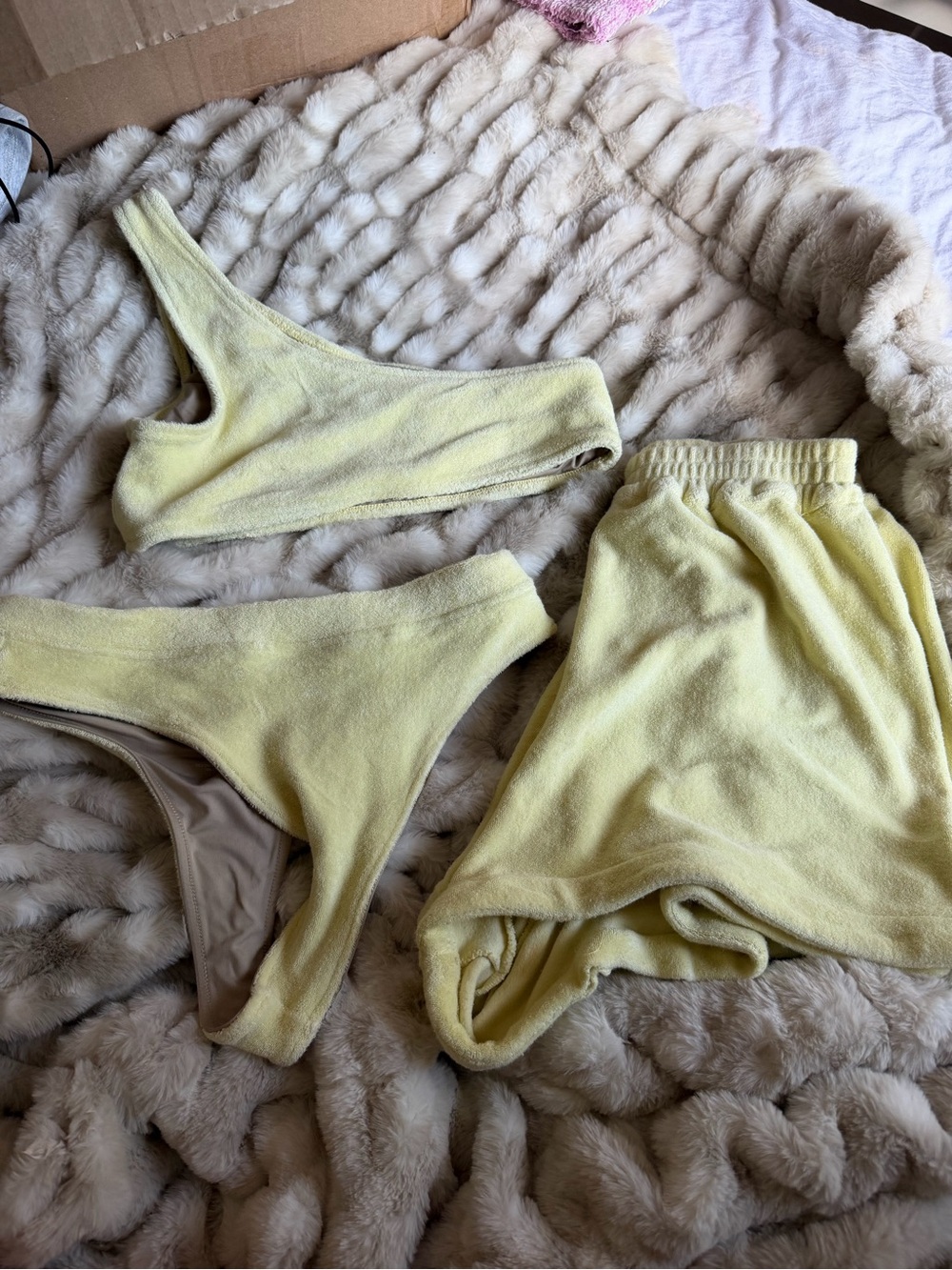 Frankie’s bikinis Barb Lemon Yellow Terry Cloth Bikini Set with Matching shorts